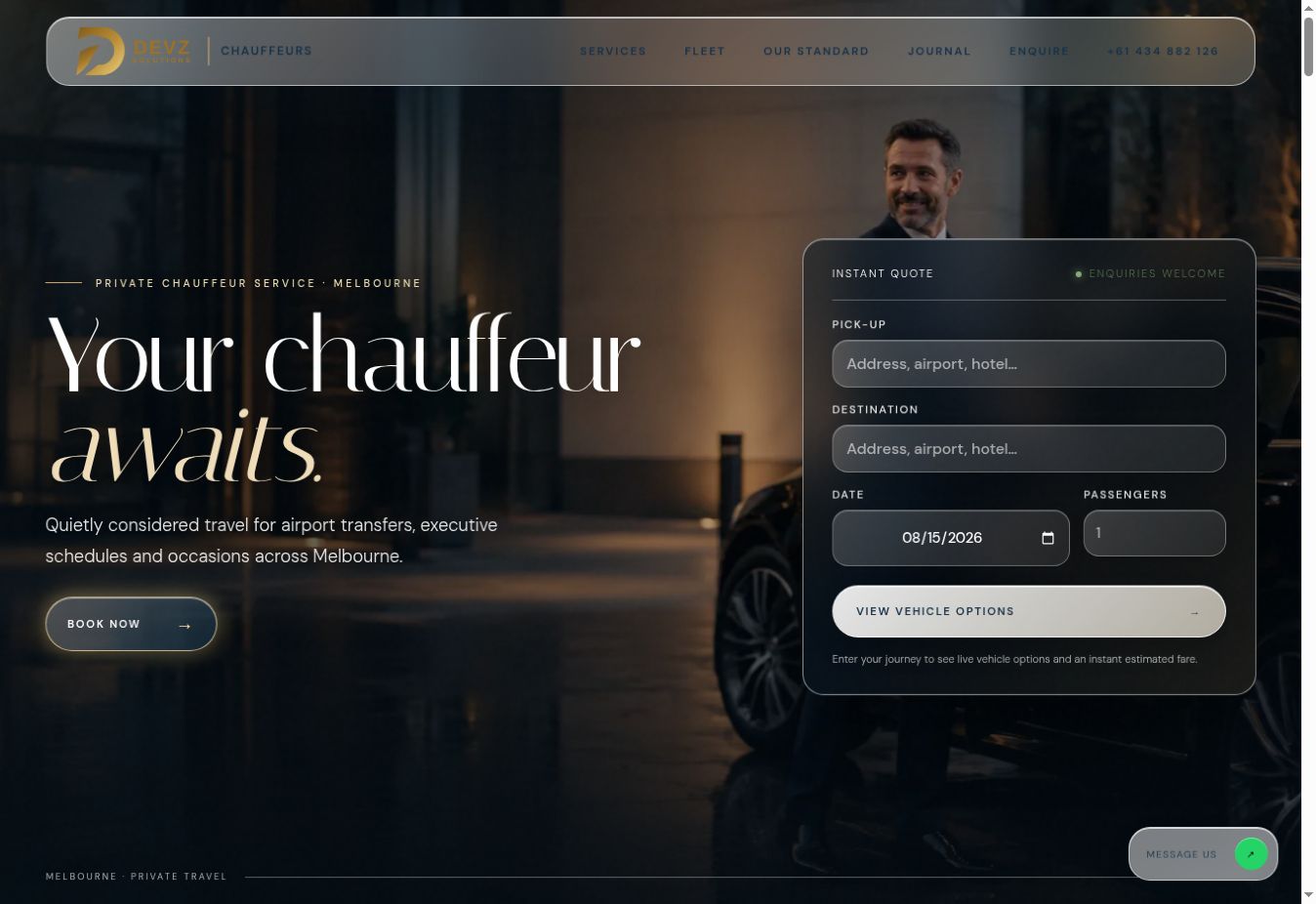 Custom chauffeur booking website designed for an Australian small business